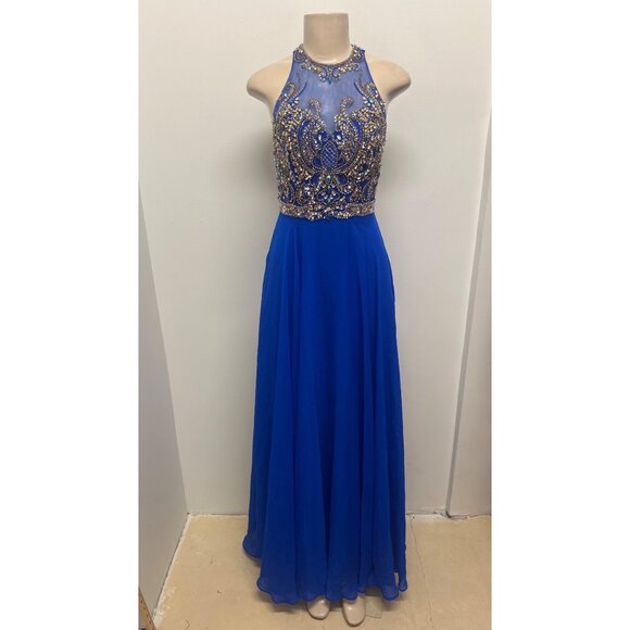 Royal Blue Sleeveless Halter Prom Dress With Beaded Bodice & Sheer Back Detail - Picture 4 of 12